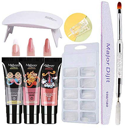An-self Kit gel di prolunga per unghie Gel, 3 colori Gel ad asciugatura rapida + 100 pezzi di stampi per unghie + Lampada per unghie UV + Lima per unghie + Penna di cristallo + Clip trasparente