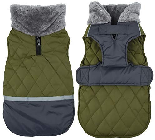 Ctomche Waterproof Windproof Dog Coat Cold Weather Warm Dog Jacket Reversible Stormguard Winter Dog Vest, Dog Coat with Harness Hole Green-M