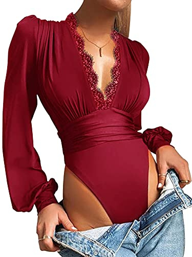 LYANER Women's Lace Trim V Neck Puff Long Sleeve Leotard Bodysuit Tops Burgundy X-Large