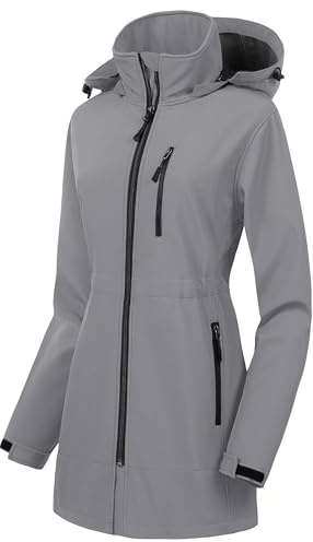 CREATMO US Women's Full-Zip Winter Jacket Fleece Lined Softshell Windproof Coat Lightweight Anorak Hiking Coat Light Grey S
