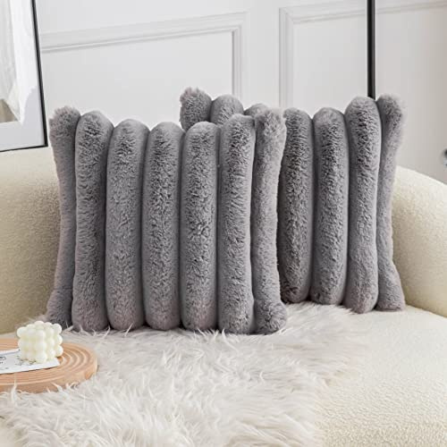 Neelvin Grey Faux Fur Cozy Soft Striped Decorative Throw Pillow Covers 18x18 inch（45x45cm） Set of 2,Velvet Pillowcase Cushion Case for Sofa Couch