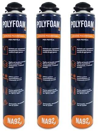 NA92 POLYFOAM Schiuma Poliuretanica Universale per Sigillare Incollare Riempire Isolare Coibentare Insonorizzare 750ML NA92 PRO (3, Per Pistola)