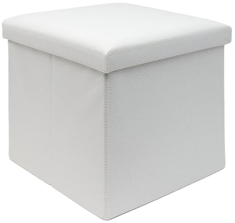 Intirilife Hopfällbar pall 38 x 38 x 38 cm i VIT - sittkub med förvaringsutrymme och lock av tyg i manchesterlook - sittkub fotstöd förvaringslåda bröstkorg sittbänk