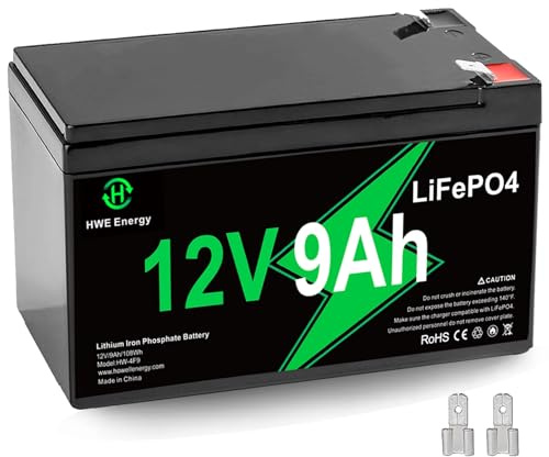 HWE Energy 12V 9Ah Lithium Battery, Deep Cycles Rechargeable LiFePO4 Battery 4000+ Cycles 15A BMS Replacement for Alarm System, Fish Finder, Lighting, UPS, Ride on Toys, F1 & F2 Terminal