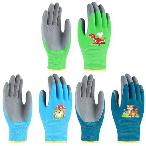 TGFIX 3 Paar Arbeitshandschuhe Kinder Gartenhandschuhe Junge Gartenarbeit Handschuhe Dornenfest Latexhandschuhe Flexible Schutzhandschuhe Schmetterling Einhorn Flamingo Muster für Kinder 3–8 Jahre