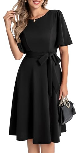 Bbonlinedress Robe Femme de Soirée Noël Midi pour Princesse Fille Mariée Cocktail Bal Promo Col Ronde Manches Courtes avec Ceinture Noir S