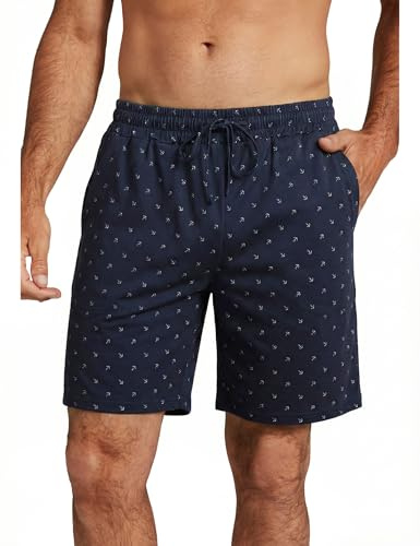 Demegimi Pantaloncini Pigiama da Uomo Cotone Pantaloncini Casual Corto con Elastico in Vita Pantaloni Casual da Uomo Estivi con Stampa(Blu Marino 1,XXL)