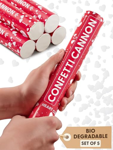 Partyjoker 5 Confetti Cannons White Hearts - Biodegradable FSC® - Easy & Safe to Use - 5-8 Metre Confetti Jet - Perfect for Weddings & Romantic Events