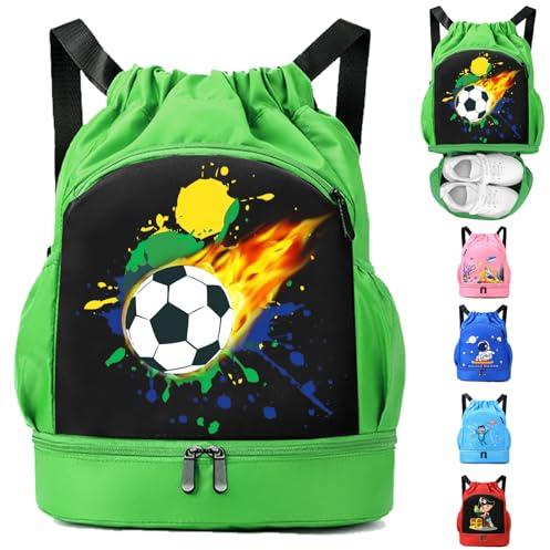 AUNGKWANG Niños Mochila de Fitness, Deportiva Impermeable Bolsa de Playa, Bolsa para Viajes de Gimnasio, Adecuado Chico Chica Bolsas Deport, Mochila Con Cordón Fútbol, Verde