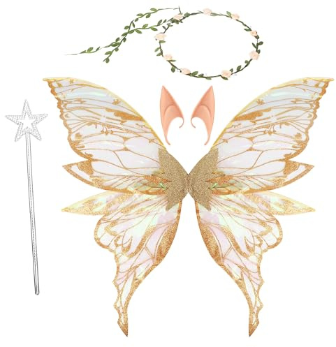 BUCOMTU Alas de Hada Adultos y Niños with Varita Mágica,Flower Wreath,Elf Ears para Carnaval,Cumpleaños,Halloween,Navidad (Oro)