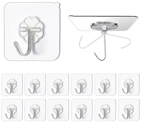 Solihigh Self Adhesive Hooks, 12PCS Heavy Duty Stick on Wall Hooks for Hanging, Waterproof and Oil-Resistant Sticky Hooks for Bathroom, Kitchen, Door, Towel, Office,Decorations