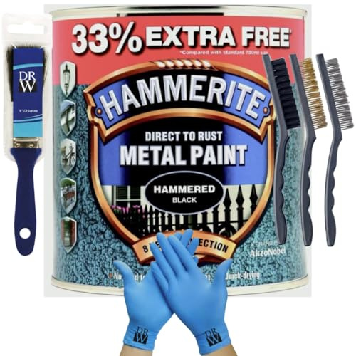 DRW Hammerite Direct to Rust Smooth Metal Paint 750ml + 33% Extra Free (1L) | Hammered Black 1 Brush, 3 Wire Brush Set & Free Nitrile Gloves | Durable Anti-Rust Protection for Indoor & Outdoor