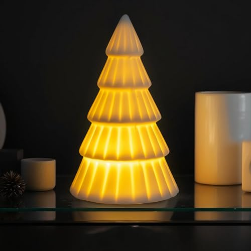 LED porslin, julgran, matt, vit, batteridriven, 16 cm – keramisk dekoration, gran, varm vit, upplyst för visning – ljusträd, jul, adventsbord, belysning, stämningsljus