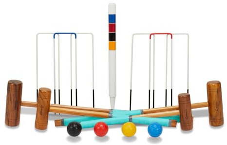 Uber Games Family 4 Player Croquet Set – Premium Outdoor Garden Croquet Game for All Ages with 4 Hardwood Mallets in Varying Heights, 4 Durable 9oz Balls, 6 Steel Hoops, and Hardwood Centre Peg