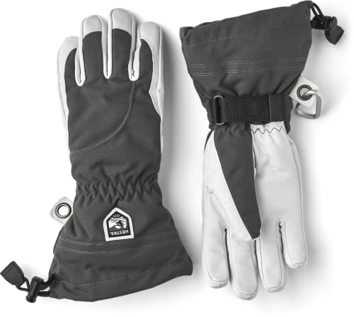 Hestra Womens Extra Warm Ski Gloves: Heli Leather Winter Cold Weather Powder Gloves, Grey/Off White, 6