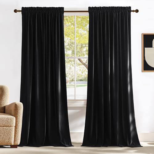 NICETOWN Black Velvet Curtains 84 inch Long for Bedroom Rod Pocket Blackout Panels, Solid Heavy Matt Drapes/Window Treatments for Home Theater, Boys Room (2 Panels, 52 x 84)