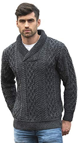 Aran Crafts Men's Soft Cable Knit Shawl Collar Sweater, 100% Merino Wool, Authentic & Traditional, Fisherman Sweater-Style Knit, Made in Ireland, SH5065-XL-CHAR Charcoal Marl