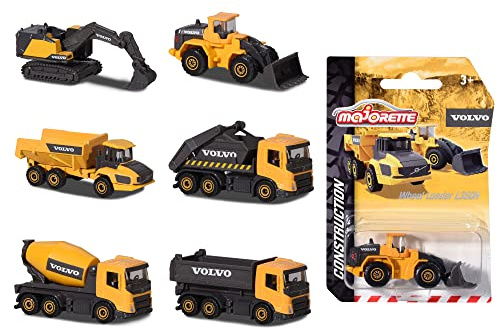 Majorette 212057283SDN - Volvo Anläggningsfordon - Volvo Arbetsfordon i Metall med Frihjul och Rörliga Delar, Fordon: 7,5 cm, Från 3 år, Finns i Sex Olika Modeller, Slumpmässigt Urval, Flerfärgad
