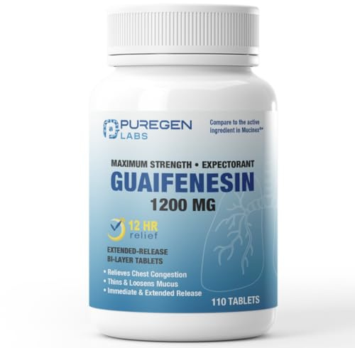 P Puregen Labs Mucus Relief 12 Hour Extended Release Guaifenesin 1200mg Maximum Strength | Value Size 110 Count | Chest Congestion Expectorant Tablets
