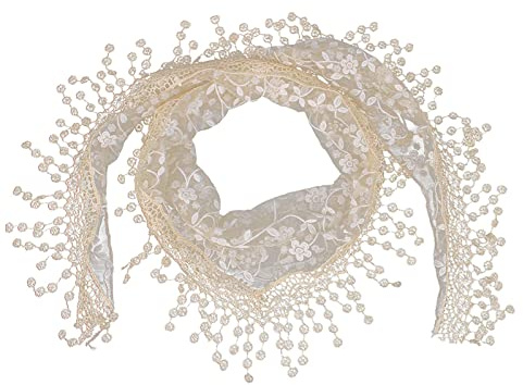 JK Home Lace Tassel Sheer Floral Triangle Scarf, Trendy Silk Gauze | Soft Breathable Lace Embroidered Veil Church Wedding Wrap Scarf Fringe Head Cover 140x40cm Teardrop Fringe Trim