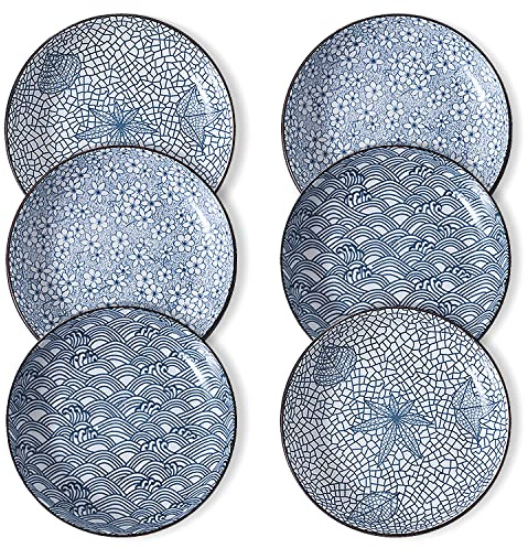 fanquare Pastateller 6er Set aus Keramik, Blau und Weiß Porzellan 20,5cm Speiseteller, Japanisches Salatteller Mikrowellengeeignet und Spülmaschinenfest