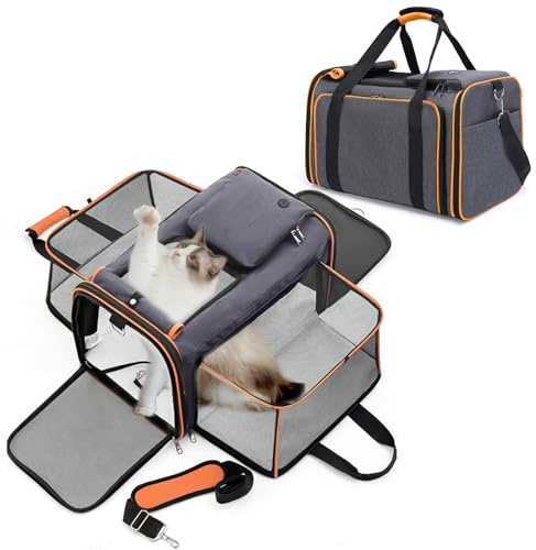 PETCUTE Airline Approved Cat Carrier with Shoulder Strap,2 Side Expandable Pet Carrier for Cats,Small Dogs,Soft-Sided Puppy Carriers with Washable Soft Fleece Pad,Inner Safety Leash,For Travel