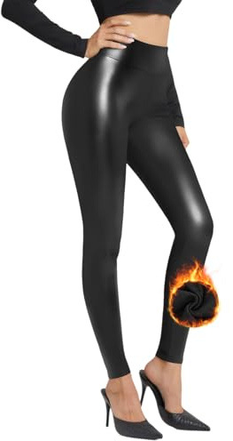 Zhiaek Leggings Cuero Negro Mujer Térmico Leggins Polipiel Pantalón Elásticos Cintura Alta Color Negro Forro de Lana