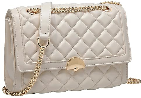 Kasgo Petit Sac Bandoulière Femme, Élégant Pochette Femme en Cuir PU Matelassé Compact Sac Porté Épaule Fille Sac à Chaîne pour Soirée Mariage Voyage Quotidien Beige