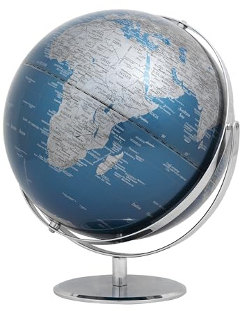 Globus mit 30 cm Durchmesser – JURI – verchromter Metallfuß – zwei bewegliche Achsen – metallic-blau, silberfarben – TROIKA Original