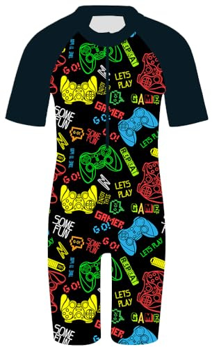 HUAANIUE Boys Swimming Short Sleeve Swimsuit 3-12Y Kids One Piece Swimwear Navy Sun Protection 50+ Swim Clothes UPF Warm Sportwear Costume Summer Surfing (BlackGame,152/158)