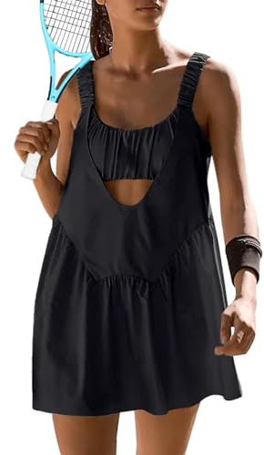 Sexyasasii Women Tennis Dress with Built in Shorts and Bra Sleeveless Casual Backless Golf Athletic Dress with Pockets Black