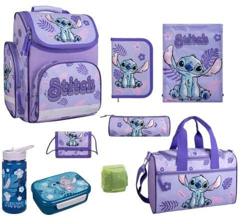 Familando Mädchen Schulranzen 1. Klasse · ergonomischer Tornister · Disneys Lilo und Stitch Schultasche im Set (9-teilig mit Lunch-Set)