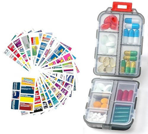 Reise-Pillen-Organizer-Box mit Aufklebern, DIY-Pillen-Organizer, Taschenportabler Pillenbehälter, Reise-Medikamentenhalter und -spender zur Aufbewahrung von Fischöl- und Vitaminpräparaten (Grau)
