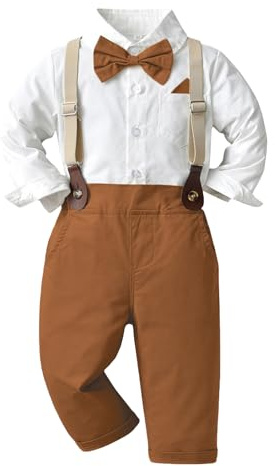 Costume Enfant Garcon Mariage Ete,Vetements Garcon Ceremonie, 4 pièces Ensemble Chemise Manche Longue et Pantalon Bretelles avec Noeud Papillon Modèle_R 8-9 Ans