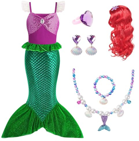 AOOWU Vestito Sirenetta Bambina, Costume da Sirenetta con Parrucca, Ariel Bambine Vestito Sirena con 5 pezzi Accessori, Costumi Cosplay Sirena per Halloween, Natale, Cosplay, Compleanno