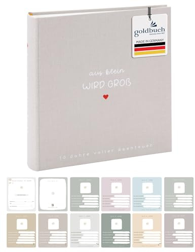 goldbuch 31 033 Fotoalbum Aus klein wird GROß, Fotobuch mit 100 weißen Seiten mit Pergamin Trennblätter, Album mit Leinen Einband, bis zu 600 Bilder, Hochwertiges Papier, Sandgrau, 30 x 31 x 6 cm