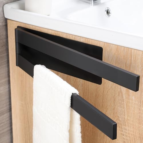 ZUNTO Porta Asciugamani da Parete, Autoadesivo Port Salviette Bagno, Doppio e Girevole a 180°, Portasciugamani Nero Opaco, 2 Bracci per Bagno e Cucina