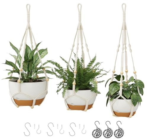 Bamworld Set di 3 Portavasi da Appendere in Macramé con Autorinnaio, Vasi Sospesi con Catene per Piante da Interno 28/23/20 cm, Bianco