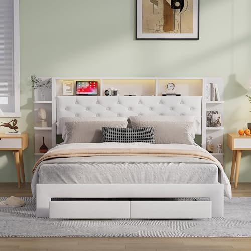 BSMGSGN Cama Doble Tapizada de 140x200 cm con 2 Cajones de Almacenamiento y Estacion de Carga USB, Iluminación LED, Marco de Cama Doble con Somier y Cabecero (Beige-F, 140x200 cm)