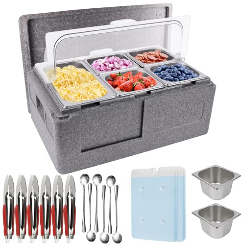 Kalolary 7 Pans Heat Preservation Pizza Topping Station | Insulated Cold Food Buffet Server with Ice Boxes Spoons Clips Lids for Bar Restaurant Party Buffet Keeping Food Cold