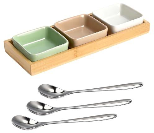 Set de Cuencos para Salsas de Cerámica con Bandeja de Madera - 3 Cuencos Colores Pastel Mate, Con Cucharita, Para Salsas Tapas Sushi BBQ, Bandeja Aperitivo y Snacks