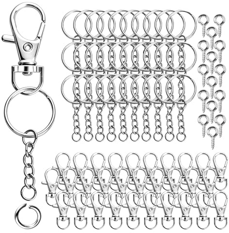 VINATO 150 Pezzi Set Anelli Portachiavi Alliaggio di Zinco, con Catenella Anelli Aperti Moschettoni Girevoli, Keychain kit Moschettone Portachiavi per Fai da te Mestieri Artigianato (Argento)