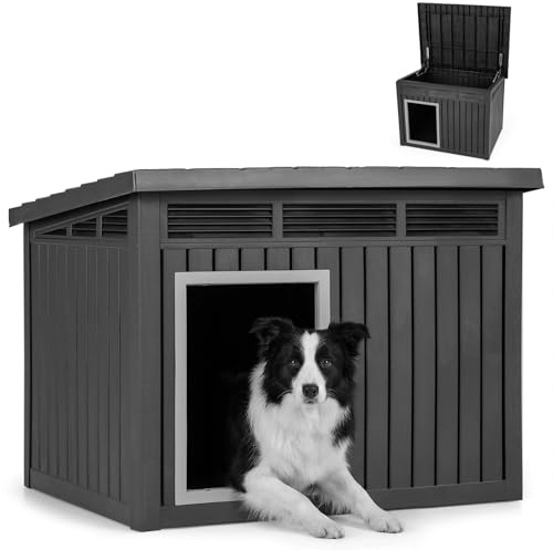 COSTWAY Niche pour Chien Exterieur Interieur, Chenil pour Chien en PP, Toit Incliné Relevable, Fenêtres à Persiennes Ventilées, Trous de Drainage, pour Petit Moyenne Animaux, 81 x 64 x 61 cm