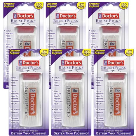 The Doctor's BrushPicks Interdental Toothpicks, Soft Rubber Dental Picks for Teeth Cleaning, Plaque Removal, Gum Care, Easy Grip Handle, 120 Count (Pack of 6)