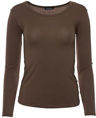 Easy Young Fashion - Damen Basic Rundhals Shirt - Langarm Unterziehshirt - Skinny Fit 1093 - Dunkelbraun S