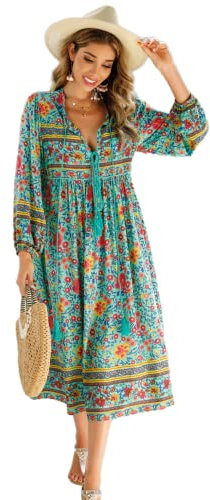 R.Vivimos Women's Casual Bohemian Print Neck Tie Long Sleeve Beach Style Long Midi Dress Vacation Dress(Small,Green)