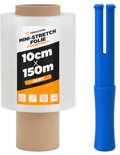 40 rouleaux de mini film stretch 23 microns 10 cm x 150 m transparent + 2 dérouleurs