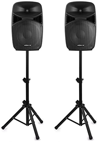 Vonyx VPS122A – Altavoz portatil Bluetooth Potente 800W con 2 Altavoces 12, USB, trípodes y micrófono, Equipo de Sonido Profesional para Eventos presentaciones y DJ, Color Negro