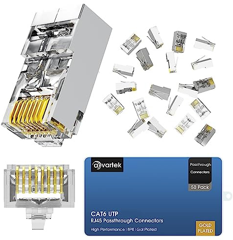 AVARTEK Shielded RJ45 Cat6 CAT6a Pass Through Connectors 50 Pack – Ethernet Gold Plated Connector End Plug For Cat6/Cat5/Cat5e UTP Solid & Stranded Network Cable