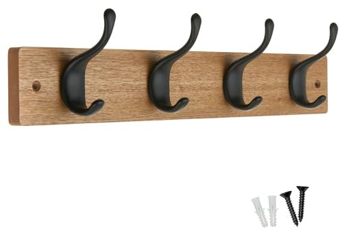 keypak 4 Matte Black Coat Hooks on Ash Effect Wooden Board - Modern Wall Mounted Coat Rack Clothes Hanger